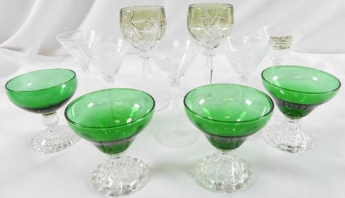 LOT OF 11 glasses including 4 Anchor Hocking green glasses, etc.