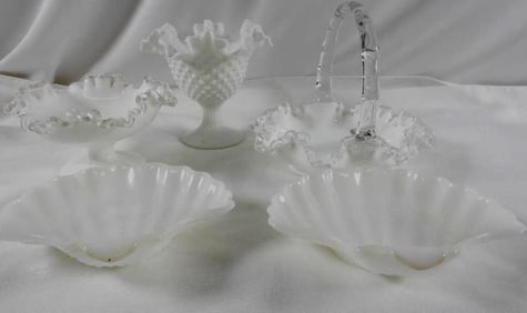 LOT OF 5 Milk Glass Items including Vintage Fenton Silver Crest Ruffled Edge Bowl