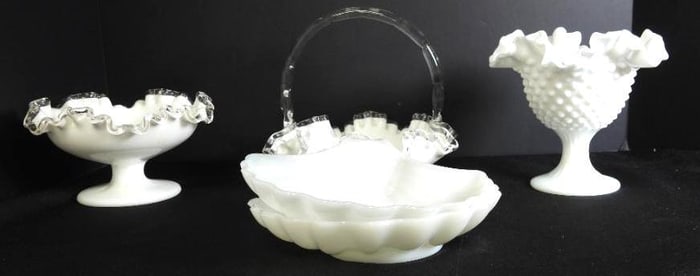 LOT OF 5 Milk Glass Items including Vintage Fenton Silver Crest Ruffled Edge Bowl