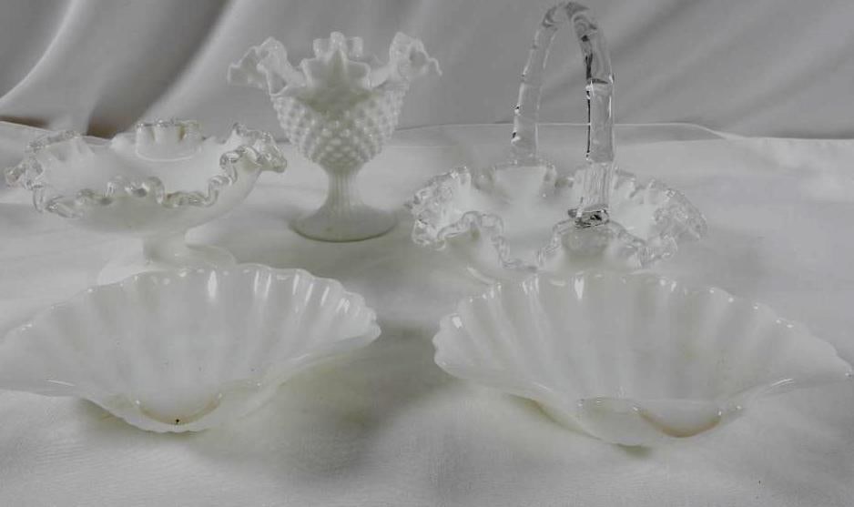 LOT OF 5 Milk Glass Items including Vintage Fenton Silver Crest Ruffled Edge Bowl: LOT OF 5 Milk Glass Items including Vintage Fenton Silver Crest 4"T Ruffled Edge Bowl, 7" handled bowl, 6" pedestal bowl, and matching 7" seashell design trays. See photos for designs