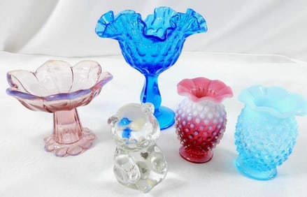 LOT OF 5 glassware including vintage Fenton Colonial Blue ruffled thumbprint Compote