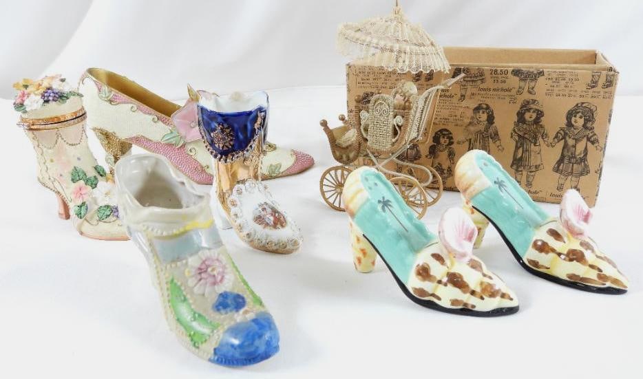 LOT OF 7 Victorian Style shoes, shoe trinket box, baby carriage, salt and pepper shaker, etc.: LOT OF 7 Victorian Style shoes, shoe trinket box, baby carriage, salt and pepper shakers, etc., ranging in height from 2.75" to 5.75", see photos for designs