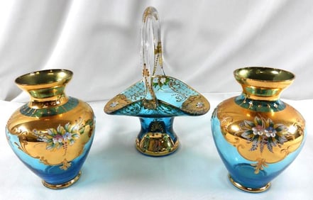 LOT OF 3 Vintage Murano blue glass vases and basket