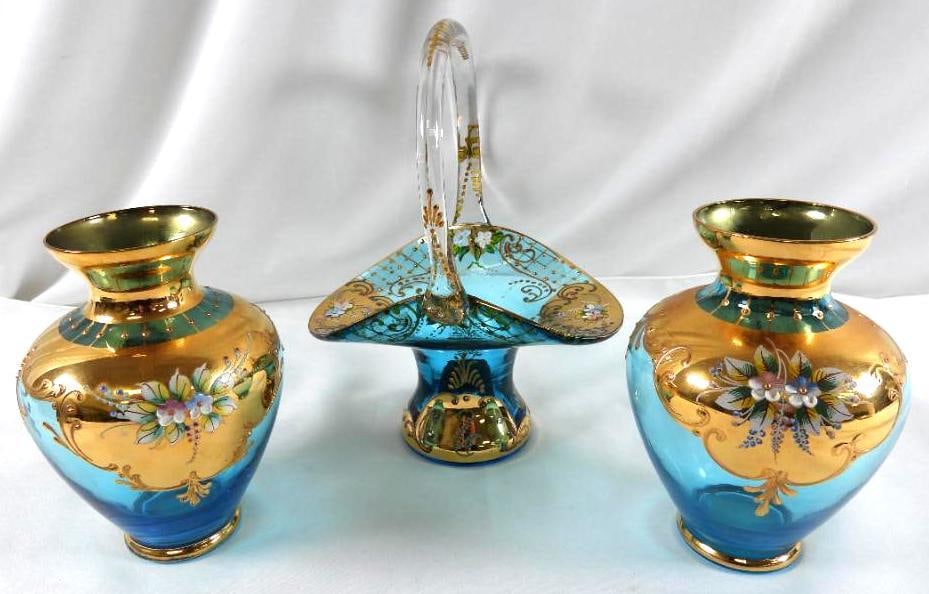 LOT OF 3 Vintage Murano blue glass vases and basket: LOT OF 3 Vintage Murano blue glass vases, both 6.5" T and 4.5" W at widest part and basket, 10"T, 7.25"L, 6"W