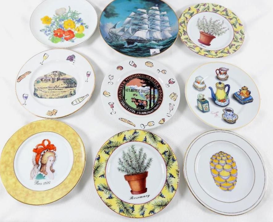 LOT OF 9 decorative plates including Limoges, Rosewood, St. Martin, etc.: LOT OF 9 decorative plates including Limoges, St. Martin, and Rosewood ranging from 8" to 9" diameter, see photos for designs and markings on backs