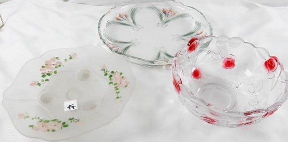 LOT OF 3 glass serving items including large tray, footed plate and deep bowl