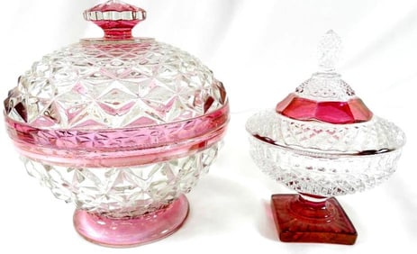 LOT OF 2 Indiana Glass Ruby Band Diamond Point glass bowls/lids