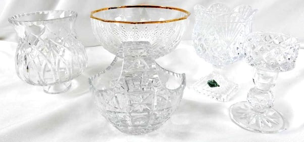 LOT OF 5 cut crystal glassware including a footed bowl with gold rim