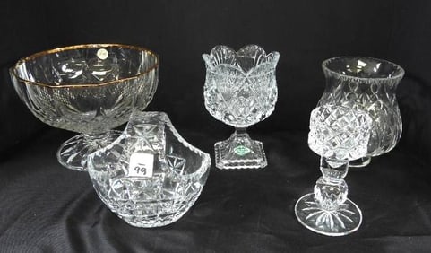 LOT OF 5 cut crystal glassware including a footed bowl with gold rim
