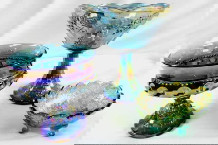 LOT OF 3 vintage Indiana Carnival Glass including Kings Crown Blue Iridescent Compote