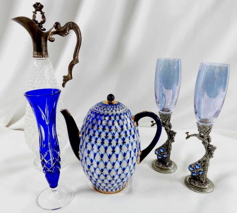 LOT OF 5 decorative items including Lomonosov Imperial Porcelain Teapot, 1744: LOT OF 5 decorative items including Lomonosov Imperial Porcelain Teapot, 1744, 7.75"T, 13" decanter with metal top, 8.25"T blue glass vase, and pair of 9.5"T peacock wine glasses