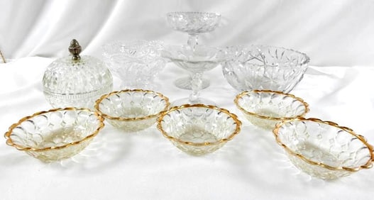 LOT OF 10 cut glass items including set of 5 gold trim bowls