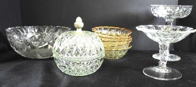 LOT OF 10 cut glass items including set of 5 gold trim bowls