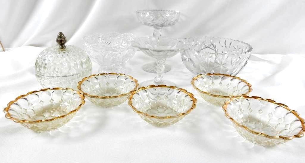 LOT OF 10 cut glass items including set of 5 gold trim bowls: LOT OF 10 cut glass items including set of 5 gold trim bowls, ranging in height from 1.75" to 7", see photos for designs/types