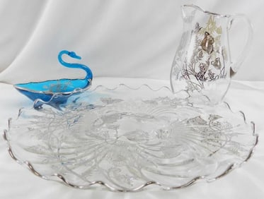 LOT OF 3 glassware including Vintage English Heart Blue Glass Swan and Silver City Cambridge