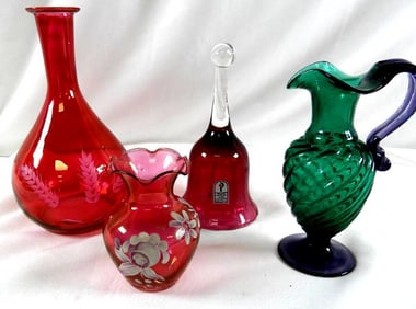 LOT OF 4 vintage glassware including 3 vases and one bell