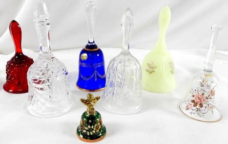 LOT OF 7 beautiful glass bells in a range of colors, one hand painted and signed