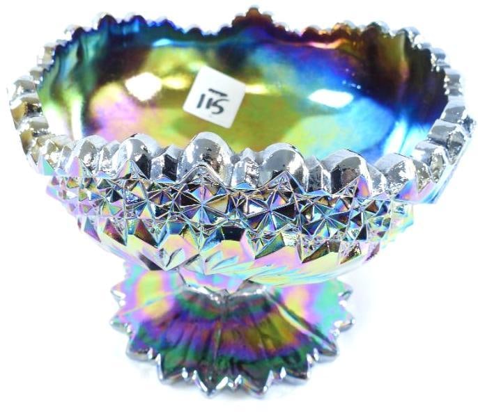 Vintage Fenton Carnival Glass deep purple iridescent pedestal vase candy dish: Vintage Fenton Carnival Glass deep purple iridescent pedestal vase candy dish, 6.5"W x 5"T, see photos for marking on bottom