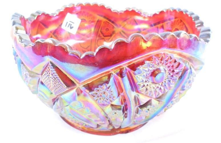 Indiana Glass Sunset Red Carnival Glass bowl: Indiana Glass Sunset Red Carnival Glass bowl, 8.25"W x 5"T, heavy