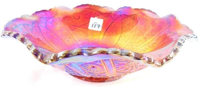Vintage Indiana Glass Iridescent Marigold Carnival Glass bowl with crimped edge