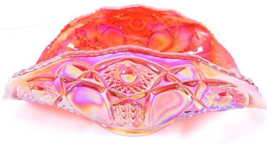 Vintage L.E. Smith Ruby Red Carnival Glass banana bowl with Quintec pattern