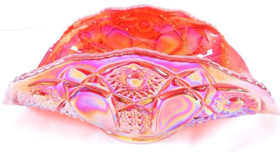 Vintage L.E. Smith Ruby Red Carnival Glass banana bowl with Quintec pattern: Vintage L.E. Smith Ruby Red Carnival Glass banana bowl with Quintec pattern, 10.5"L, x 5"W x 4"T