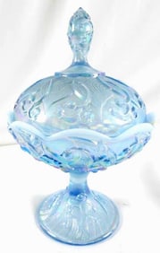 Fenton, Lily of the Valley Misty Blue Satin/Iridescent pedestal bowl with lid