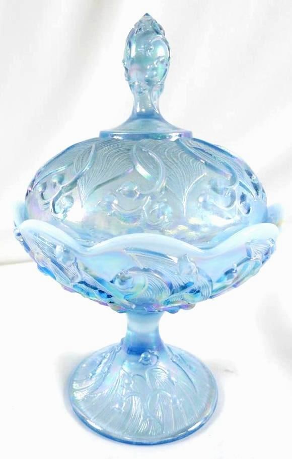 Fenton, Lily of the Valley Misty Blue Satin/Iridescent pedestal bowl with lid: Fenton, Lily of the Valley Misty Blue Satin/Iridescent pedestal bowl with lid, 9.75" tall by 6" wide