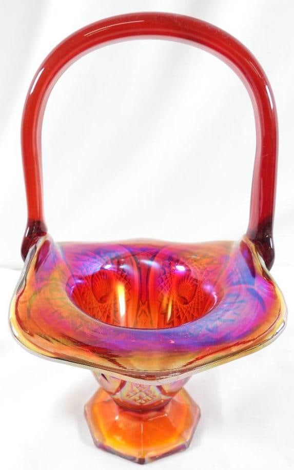 Vintage Indiana Glass Red Heirloom Pattern Handled Carnival Glass Basket: Vintage Indiana Glass Red Heirloom Pattern Handled Carnival Glass Basket, 10"T x 6"L x 5.5"W