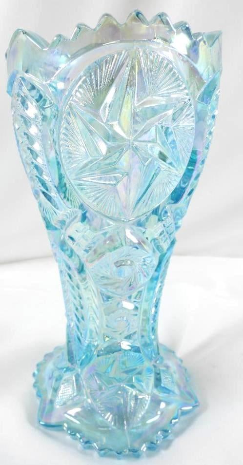 Vintage L.E. Smith Whirling Star blue Carnival Glass vase: Vintage L.E. Smith Whirling Star blue Carnival Glass vase, 9" tall, 4.5" wide base