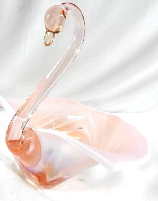 Vintage Duncan & Miller Pink Opalescent Viking Swan: Vintage Duncan & Miller Pink Opalescent Viking Swan, 10"T x 11.5"L x 6.5"W