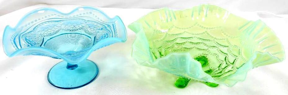 LOT OF 2: Jefferson Glass Opalescent Compote Bowls, blue and green: LOT OF 2: Jefferson Glass Opalescent Compote Bowls, blue 6.75"W x 4"T and green in "Ruffles and rings" pattern, 8.75"W x 3.25"T