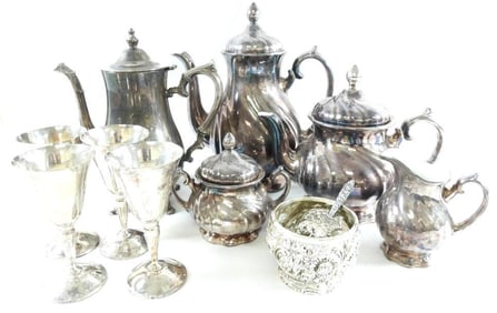 LOT OF 10 silver plated items including teapots and glasses