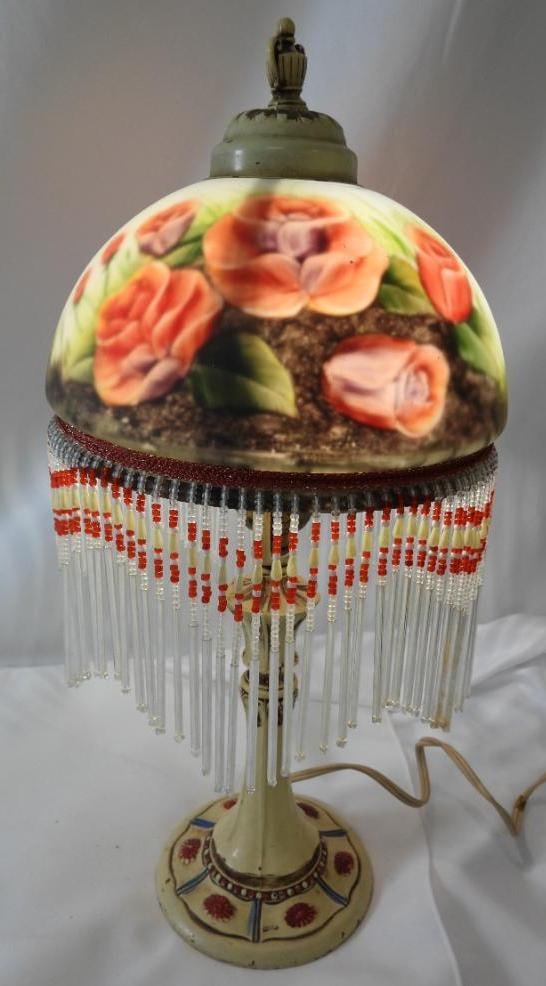 Dale Tiffany-Style beaded accent table lamp with a hand-painted rose design: Dale Tiffany-Style beaded accent table lamp with a hand-painted rose design, 17"T x 4.5" diameter base and 7.5" diameter shade