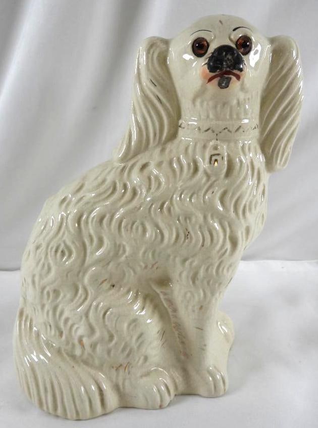Large ceramic white dog, possibly Staffordshire: Large ceramic white dog, possibly Staffordshire, 13"T, 8"L x 4"W, see wear due to use/age