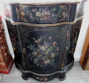 Black Lacquer Chinoiserie cabinet with hand-painted floral motifs