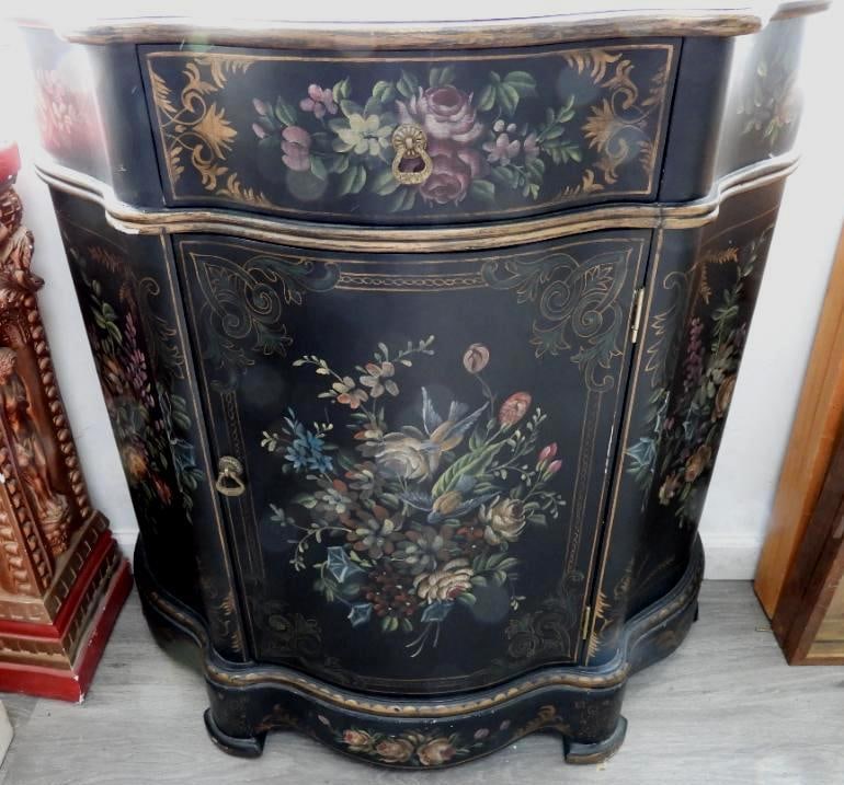 Black Lacquer Chinoiserie cabinet with hand-painted floral motifs: Black Lacquer Chinoiserie cabinet with hand-painted floral motifs, 34"T, 33"L at longest point and 14"W at deepest part, see photos for wear due to age/use