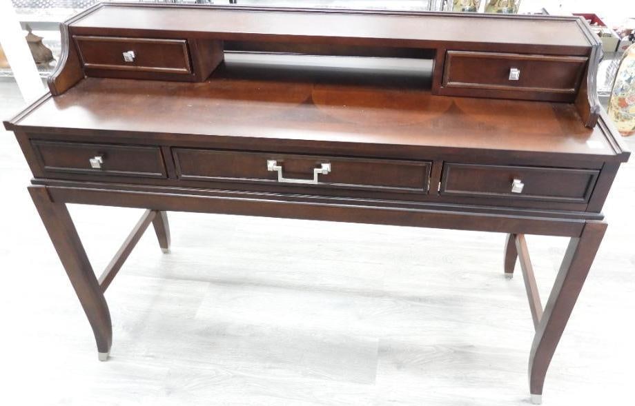 Stylish dark wood 5-drawer writing desk: Stylish dark wood 5-drawer writing desk, 35.5"T, 49.25"L, 19.5"W, top drawers can be removed