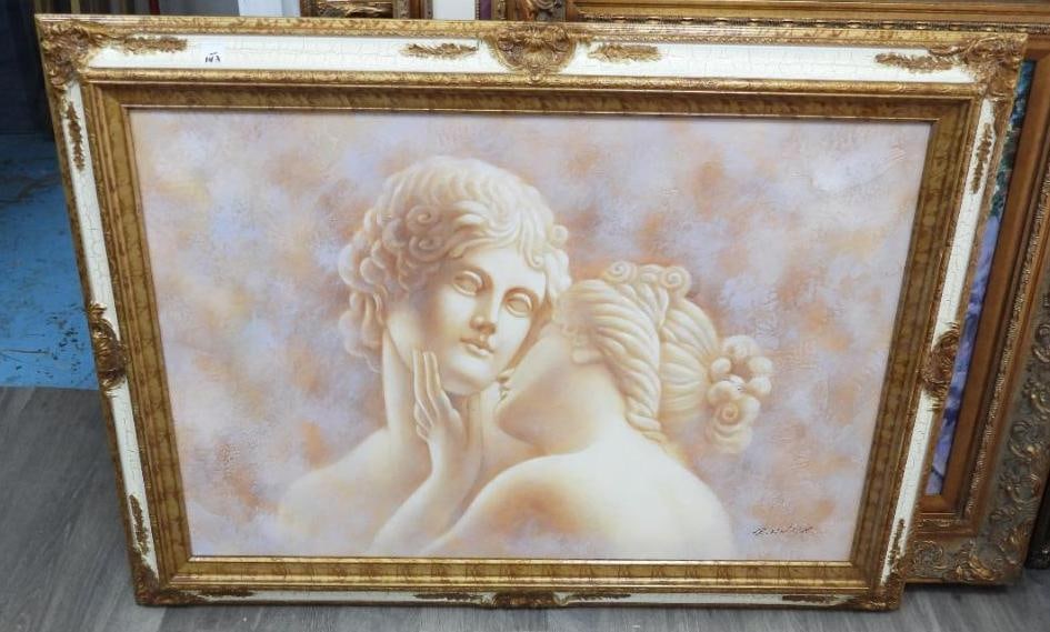 R. Wilcox Signed Framed Greek Embellished Printed Canvas Artwork in 32" x 43" frame: R. Wilcox Signed Framed Greek Artwork in 32" x 43" painted wood frame