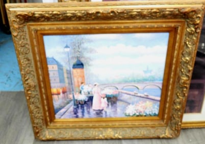 K. Rosa signed Oil Painting on Canvas woman and child floral landscape Scene in 31" x 36" frame