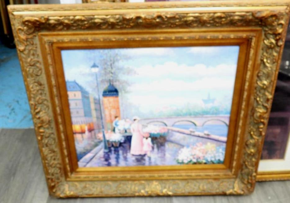 K. Rosa signed Oil Painting on Canvas woman and child floral landscape Scene in 31" x 36" frame: K. Rosa signed Oil Painting on Canvas Landscape Scene in 31" x 36" frame