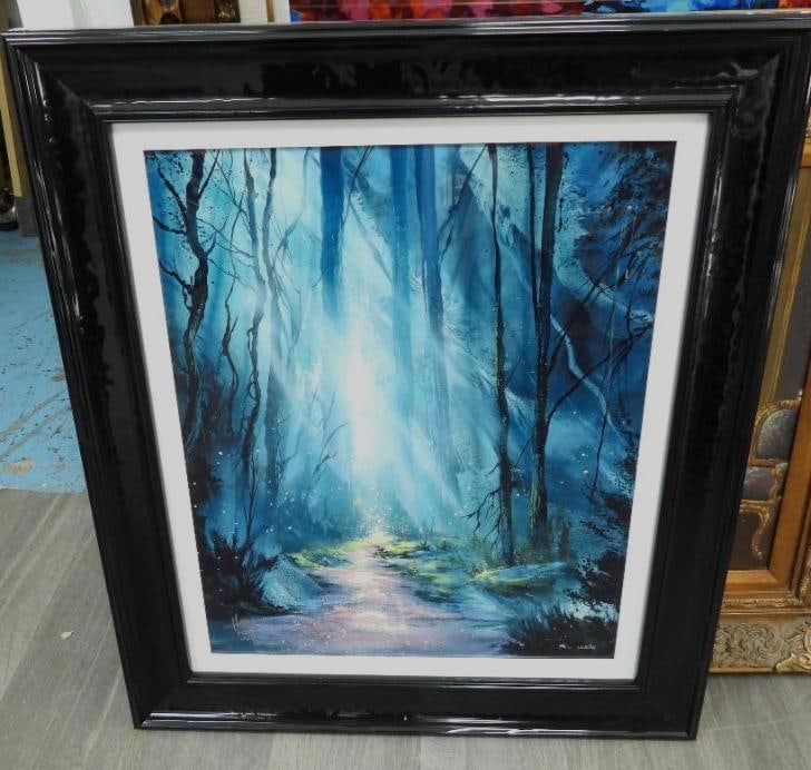 Signed Howard framed Dye sublimation Abstract art, CLVII/CC: Howard Signed Howard. framed art, CLVII/CC in 27" x 32" black frame blues abstract art. Back of frame reads Ashton Howard. CLVII/CC