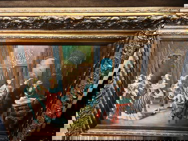 C. Kramer oil painting Colonial scene women men on canvas, signed and framed