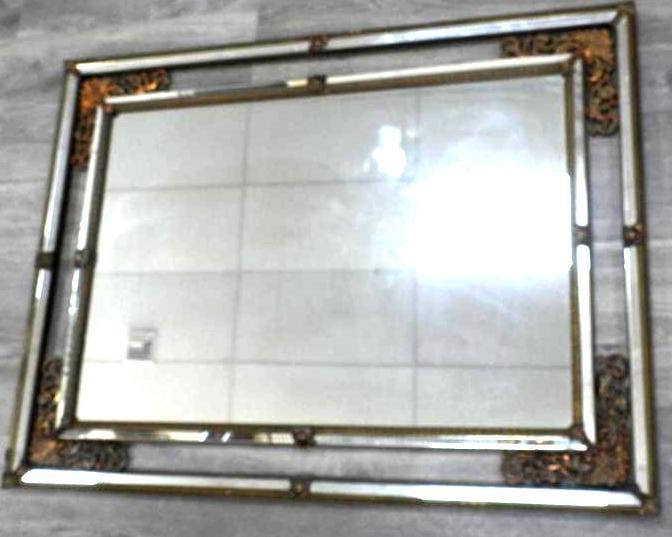 Large Ornate Metal Framed beveled glass ANTIQUE Mirror: Large Ornate Metal Framed Mirror, 35.5" x 48" frame, mirror 25" x 37.5", see photos for some wear on frame due to age/use