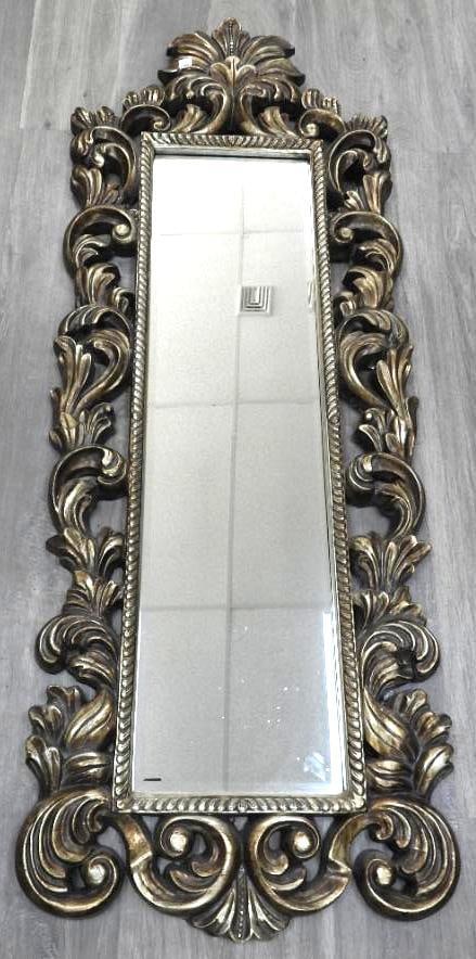 Antique-style, Baroque-inspired carved wall mirror: Antique-style, Baroque-inspired carved wall mirror, 23" x 65" with mirror 11.25" x 44.5"
