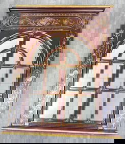 Red and gold design framed mirror with two hinged doors