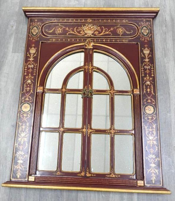 Red and gold design framed mirror with two hinged doors: Red and gold design framed mirror with two hinged doors, 31.75" x 40.5", heavy
