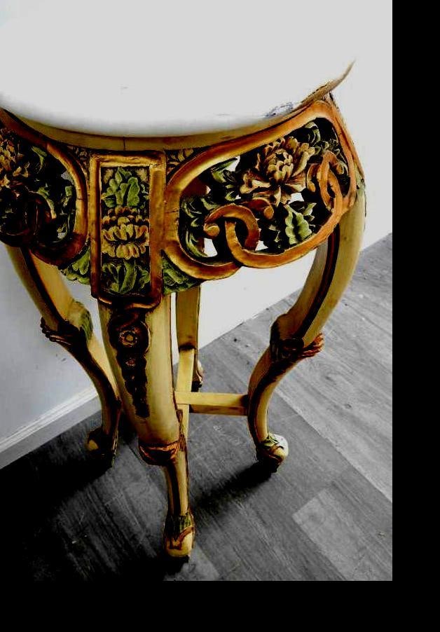 Baroque-style side table with a marble top and carved wooden legs: Baroque-style side table with a marble top and carved wooden legs, 15" diameter marble top, 36" tall, see photos for wear due to age/use
