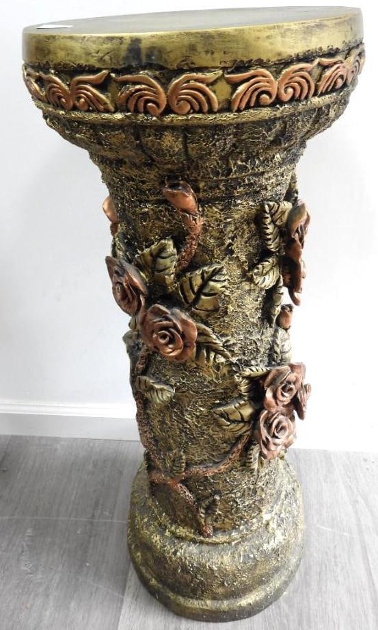 Vintage-style decorative column/pedestal with floral motif: Vintage-style decorative column/pedestal with floral motif, 29.25" tall, and 11" diameter top