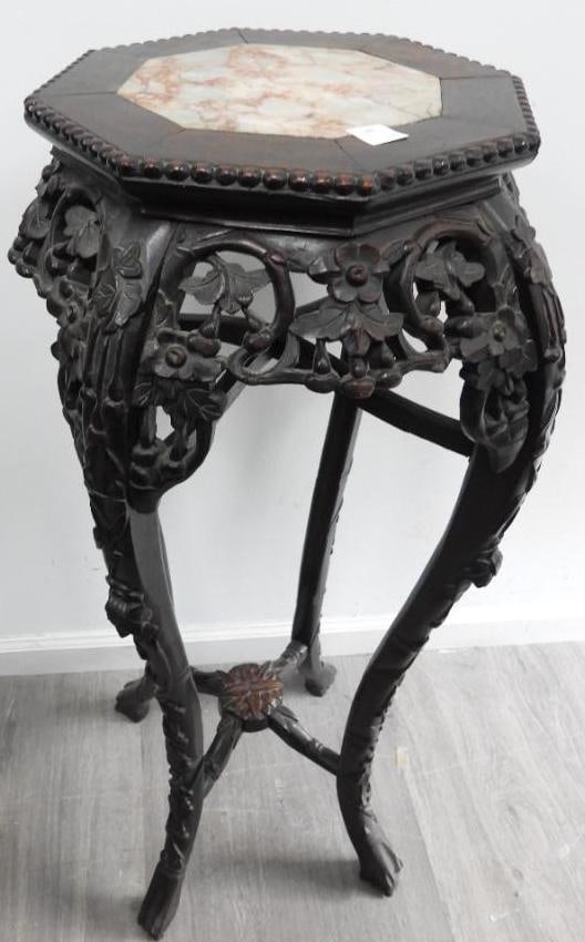Chinese carved wood and marble table/stand: Chinese carved wood and marble table/stand, 36" tall and 12.5" wide top